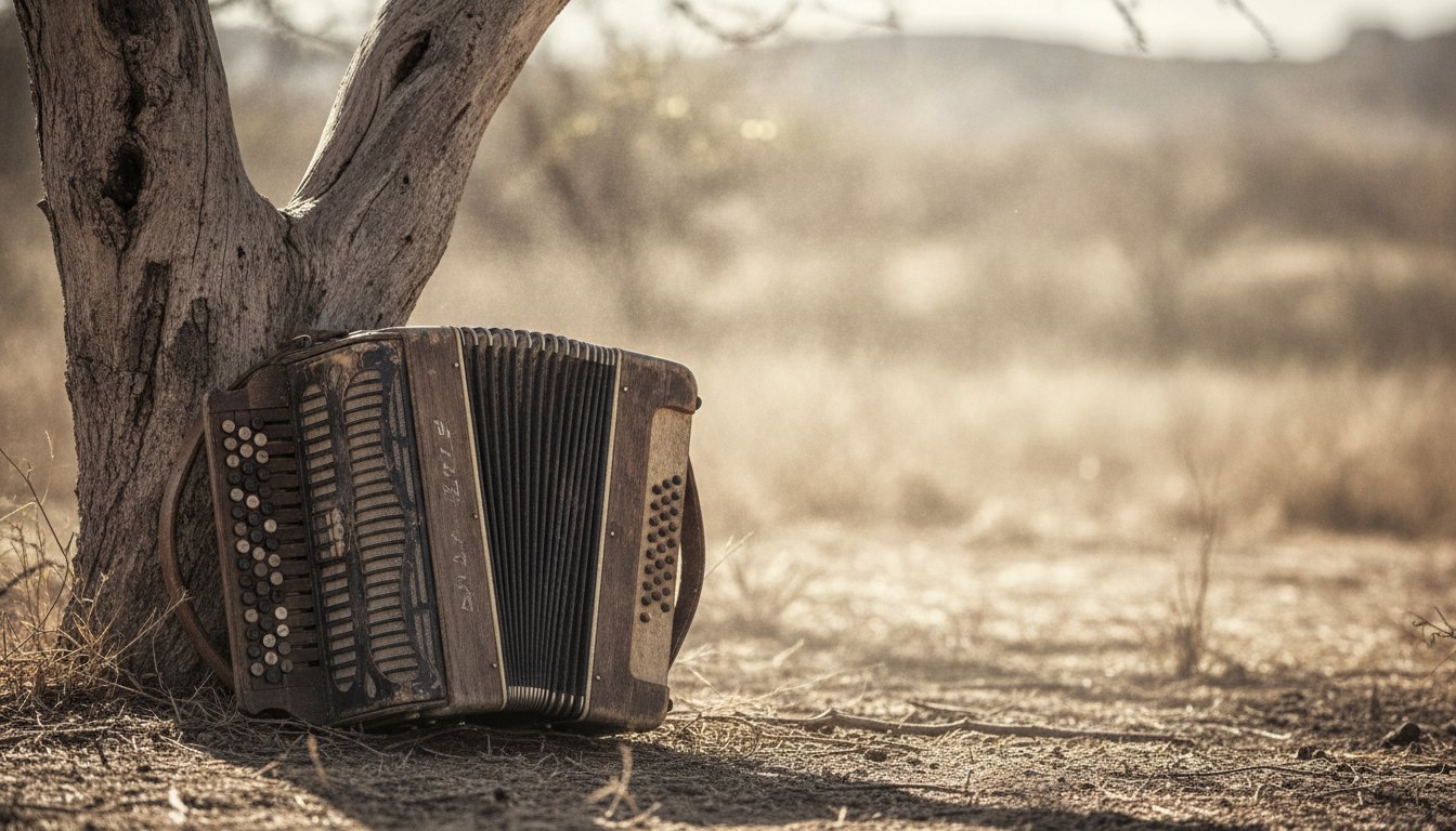 Sanfona rústica apoiada em um tronco de árvore seca sob luz solar intensa.