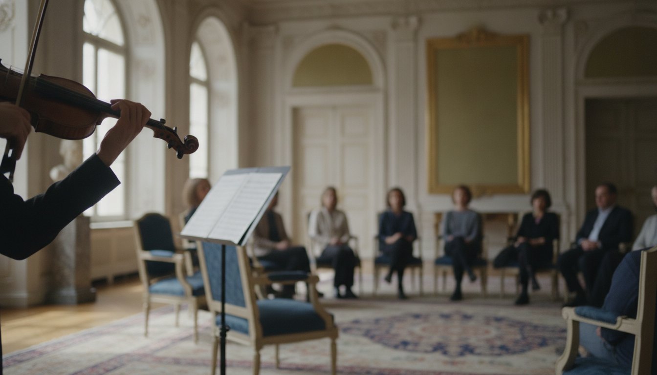Músico tocando viola para um grupo de pessoas sentadas em um salão clássico do império.